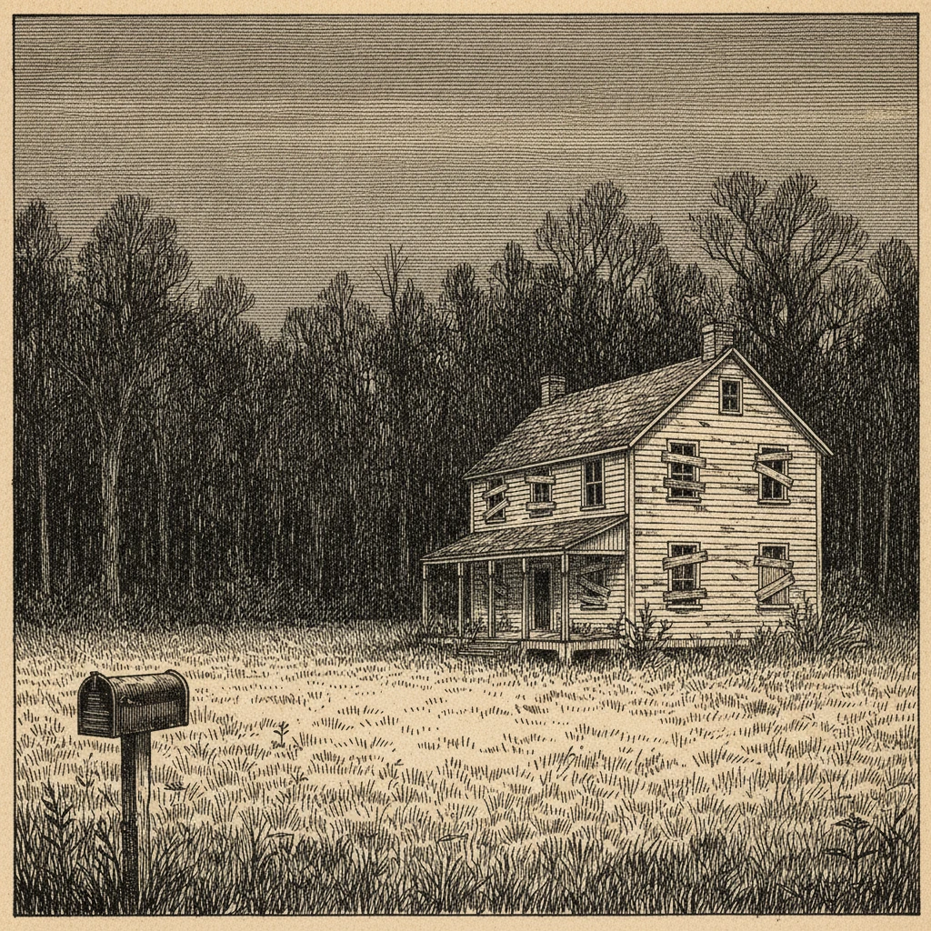 A dense pen-and-ink engraving of a boarded-up white house at the edge of a dark forest, a small mailbox in the overgrown field.