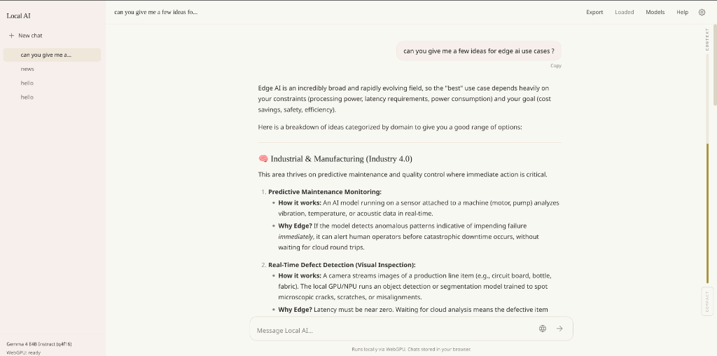 Chat interface showing a conversation with the Gemma 4 E4B model about edge AI use cases