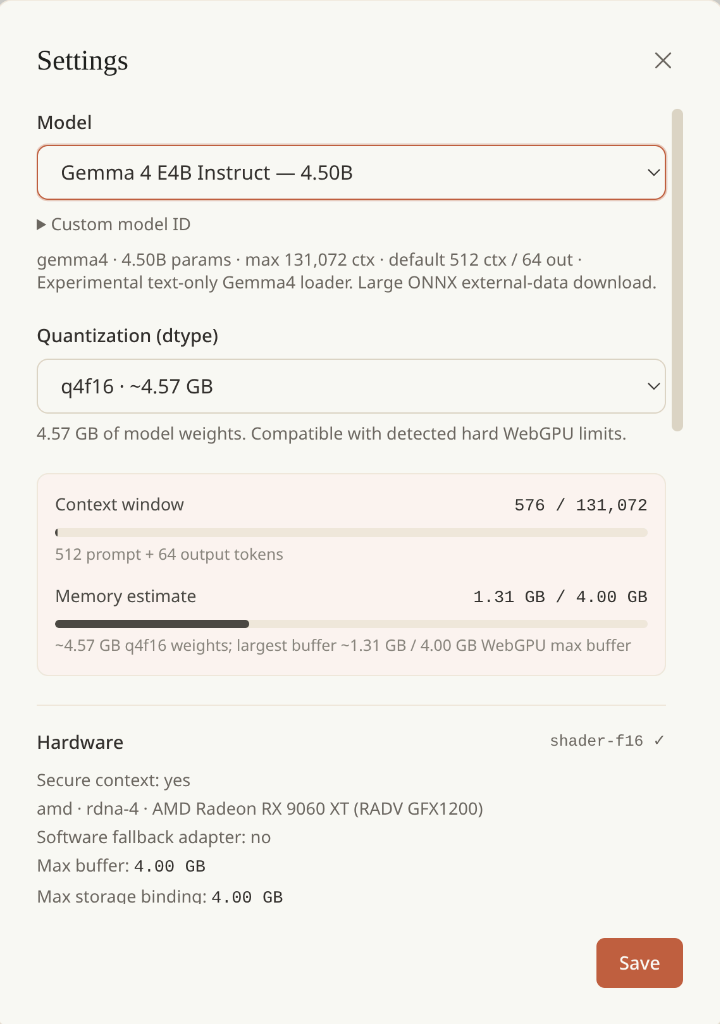 Model configuration screen showing Gemma 4 selection, quantization options, and WebGPU memory estimates