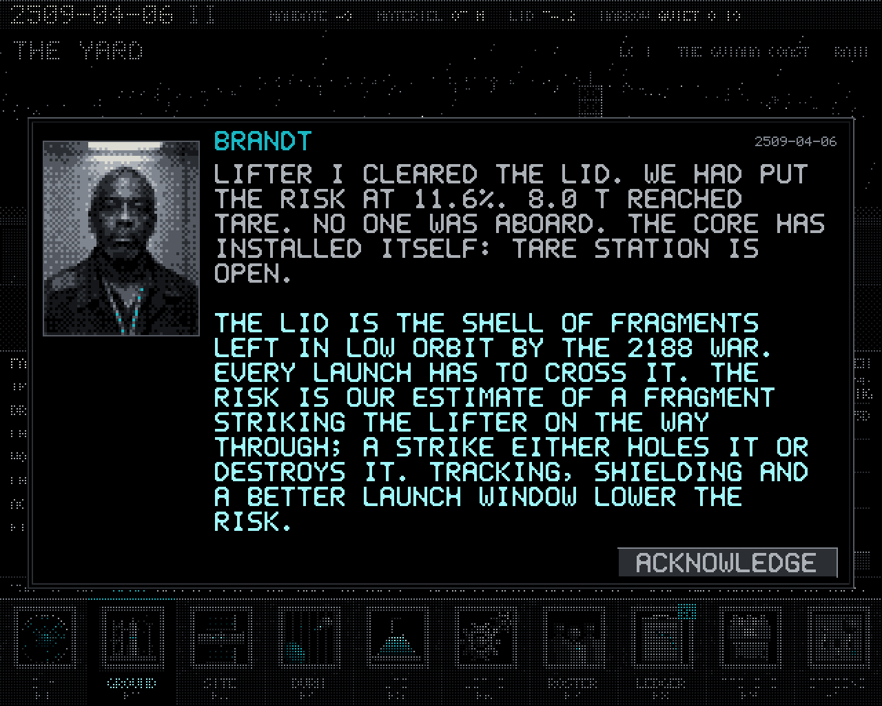 A notice from Brandt, with a dithered portrait: Lifter I cleared the Lid, the risk had been put at 11.6%, 8.0 t reached Tare, no one was aboard, and a first-time note explaining the Lid and crossing risk.