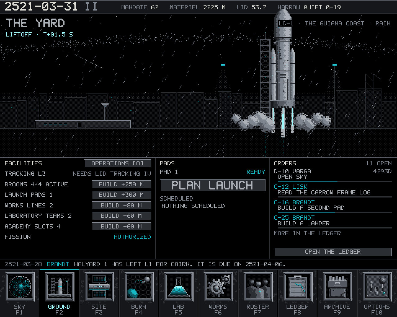GROUND: a Lifter lifting off from pad LC-1 at the Yard on the Guiana coast, in the rain, above the facilities panel, the pads, the open orders, and the row of ten room icons.