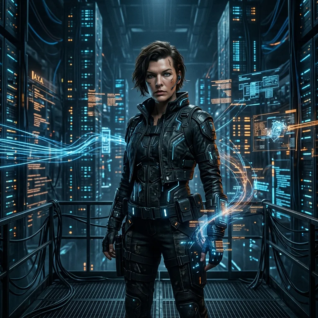 A cinematic portrait of Milla Jovovich as Aya The Keeper in a neon-lit MemPalace