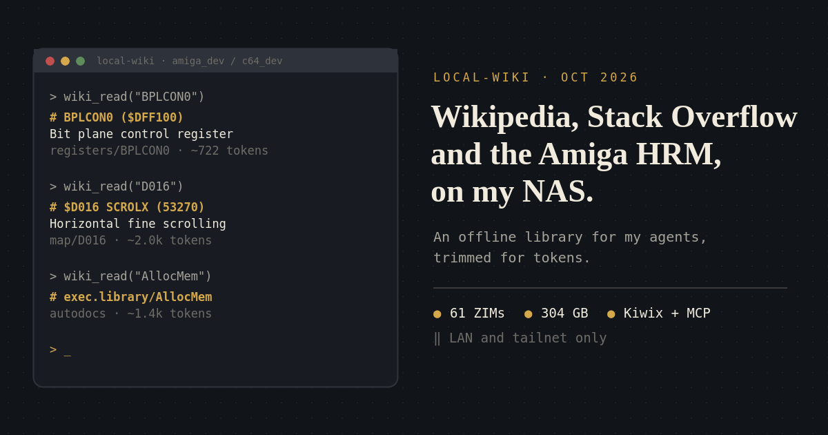Cover image: I put Wikipedia, Stack Overflow and the Amiga Hardware Reference Manual on my NAS, for my agents