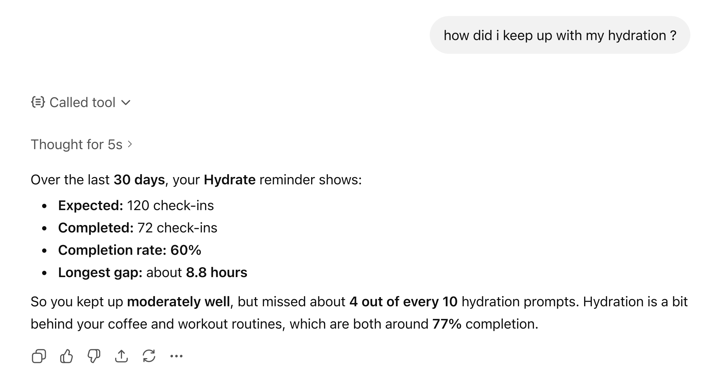 ChatGPT logging a hydration check-in via the Vigil MCP server
