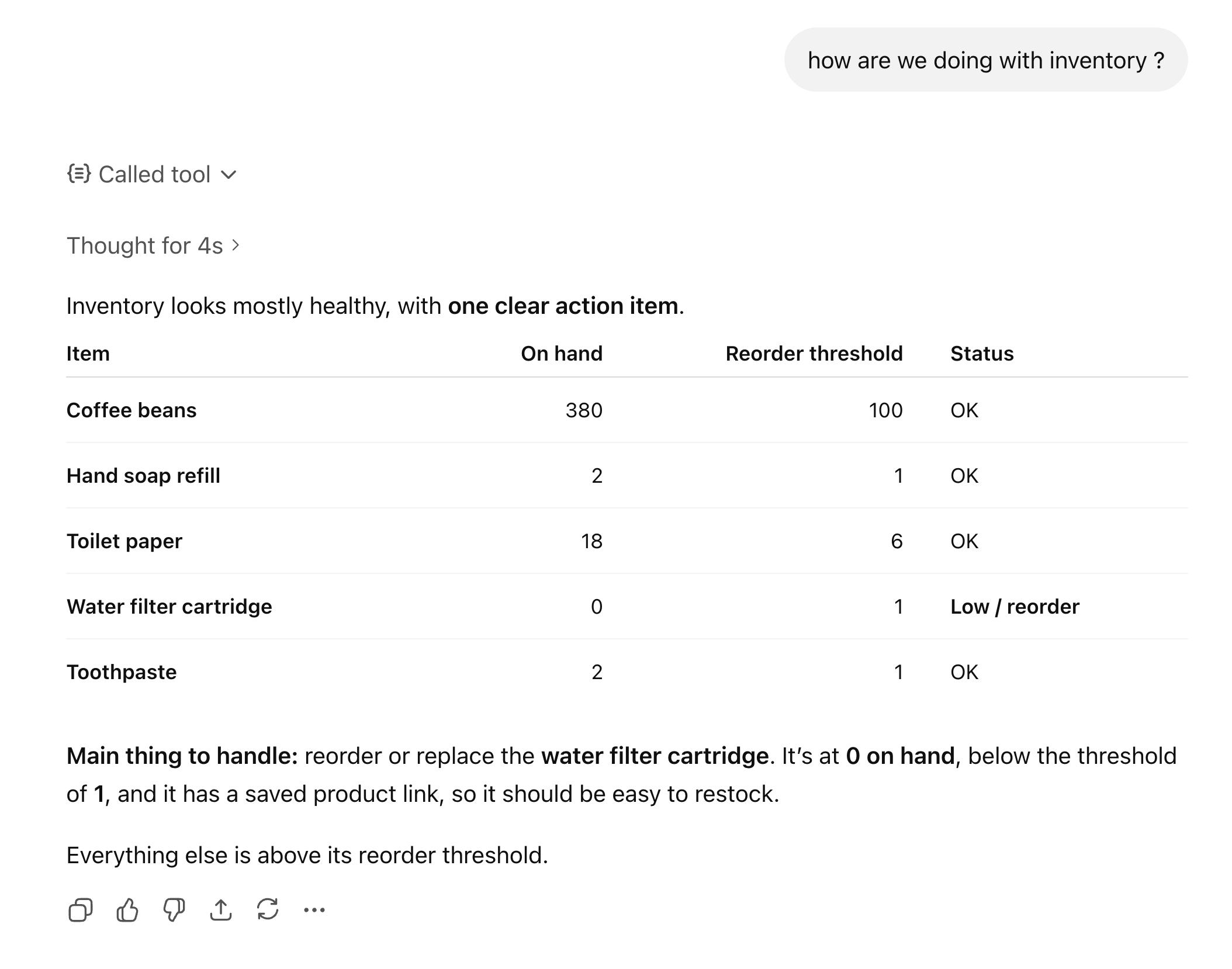 ChatGPT showing Vigil inventory status with low-stock highlights